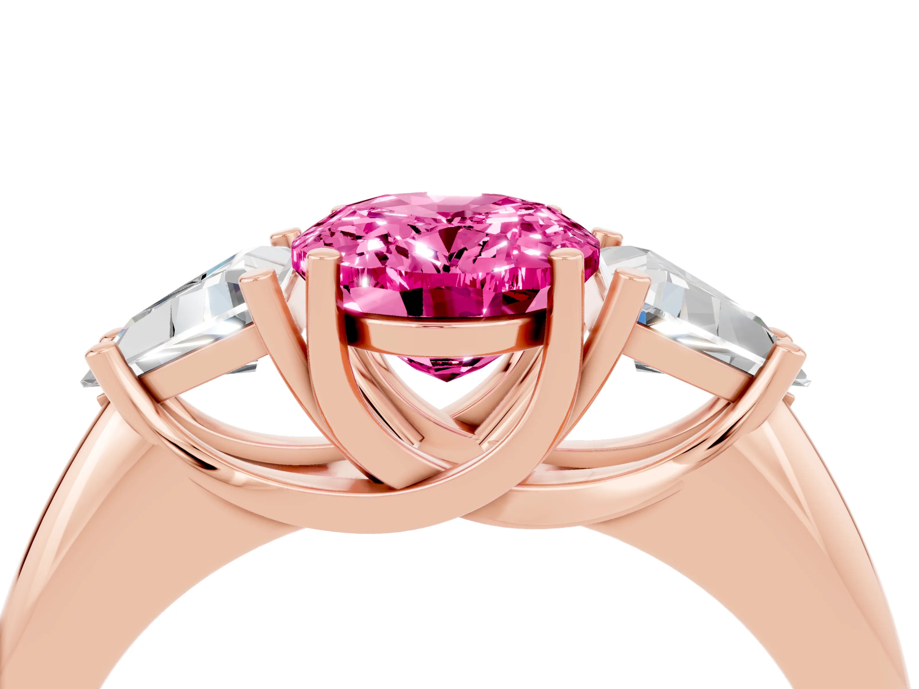 Rose gold Three-Stone Oval Cut Cut Diamond Ring with Trillion Side Stones and Four-Prong Setting_4