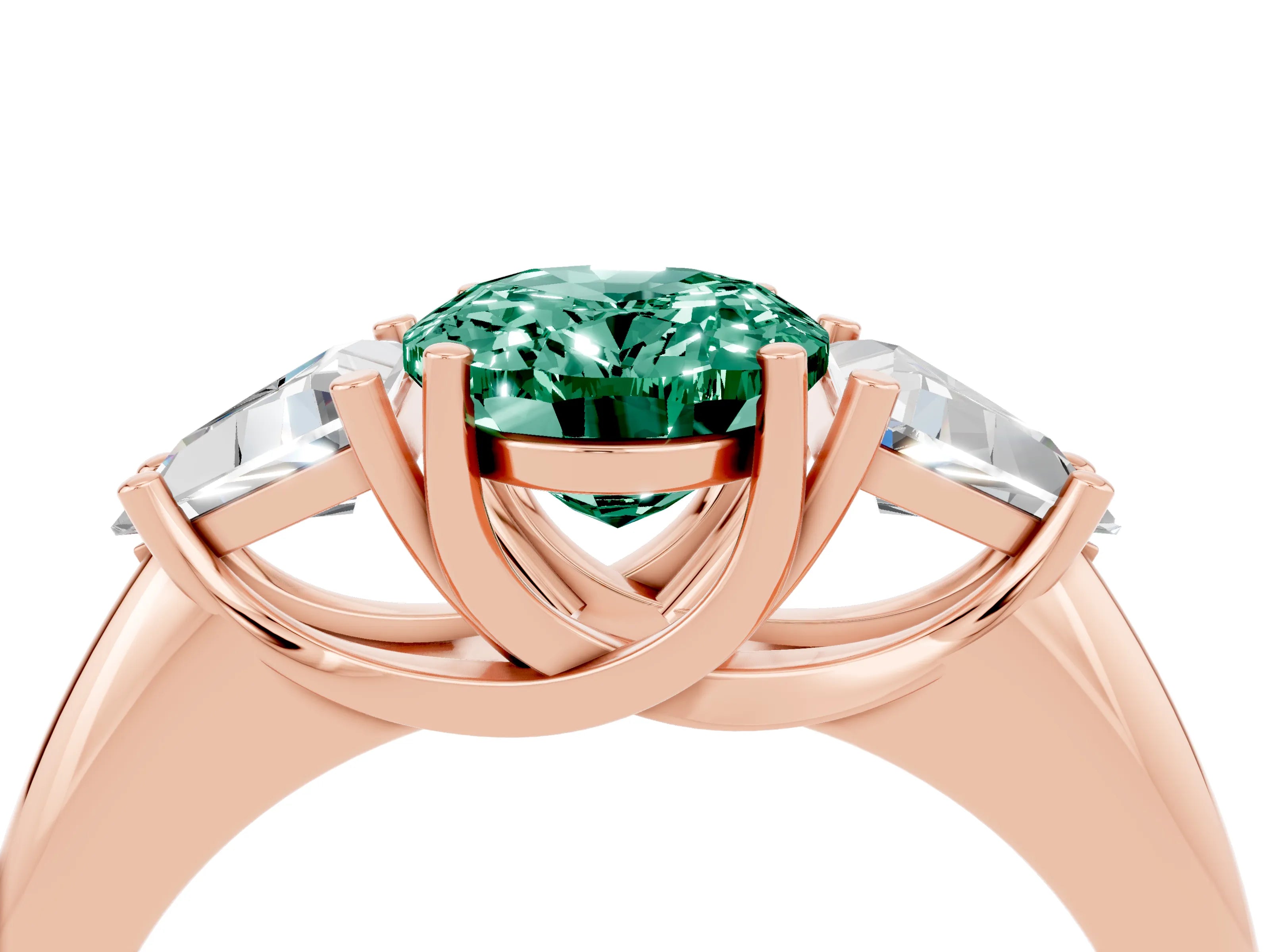 Rose gold Three-Stone Oval Cut Cut Diamond Ring with Trillion Side Stones and Four-Prong Setting_4