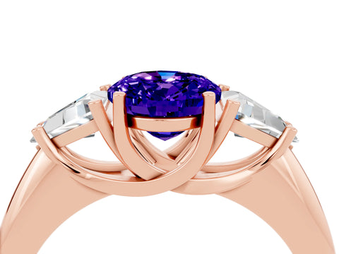Rose gold Three-Stone Oval Cut Cut Diamond Ring with Trillion Side Stones and Four-Prong Setting_4