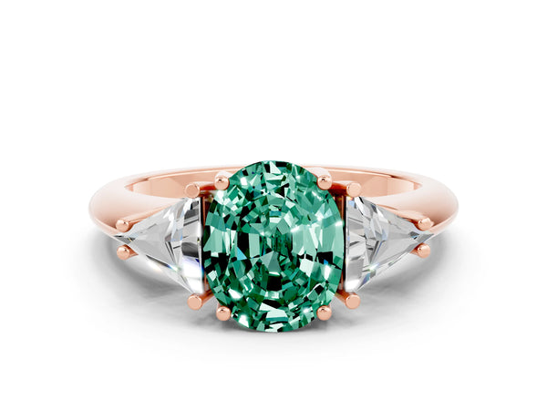Rose gold Three-Stone Oval Cut Green Sapphire Engagement Ring with Trillion Side Stones and Prong Setting