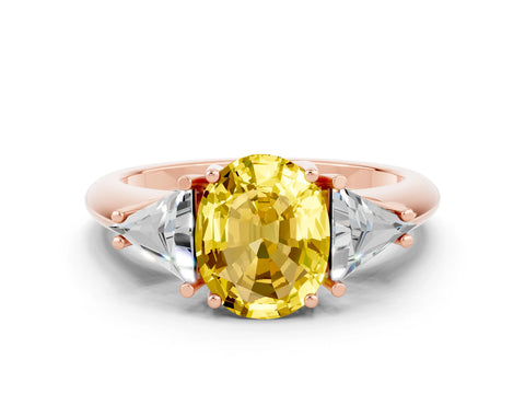 Rose gold Three-Stone Oval Cut Cut Diamond Ring with Trillion Side Stones and Four-Prong Setting