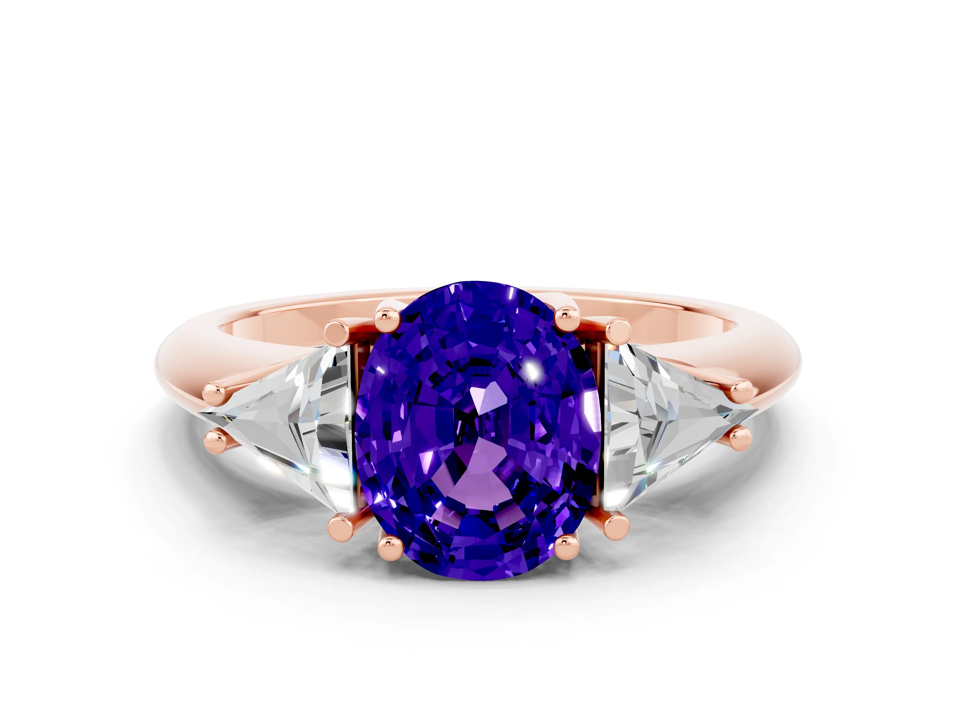 Rose gold Three-Stone Oval Cut Cut Diamond Ring with Trillion Side Stones and Four-Prong Setting