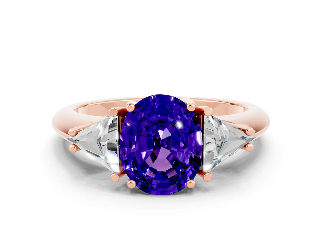 Rose gold Three-Stone Oval Cut Cut Diamond Ring with Trillion Side Stones and Four-Prong Setting