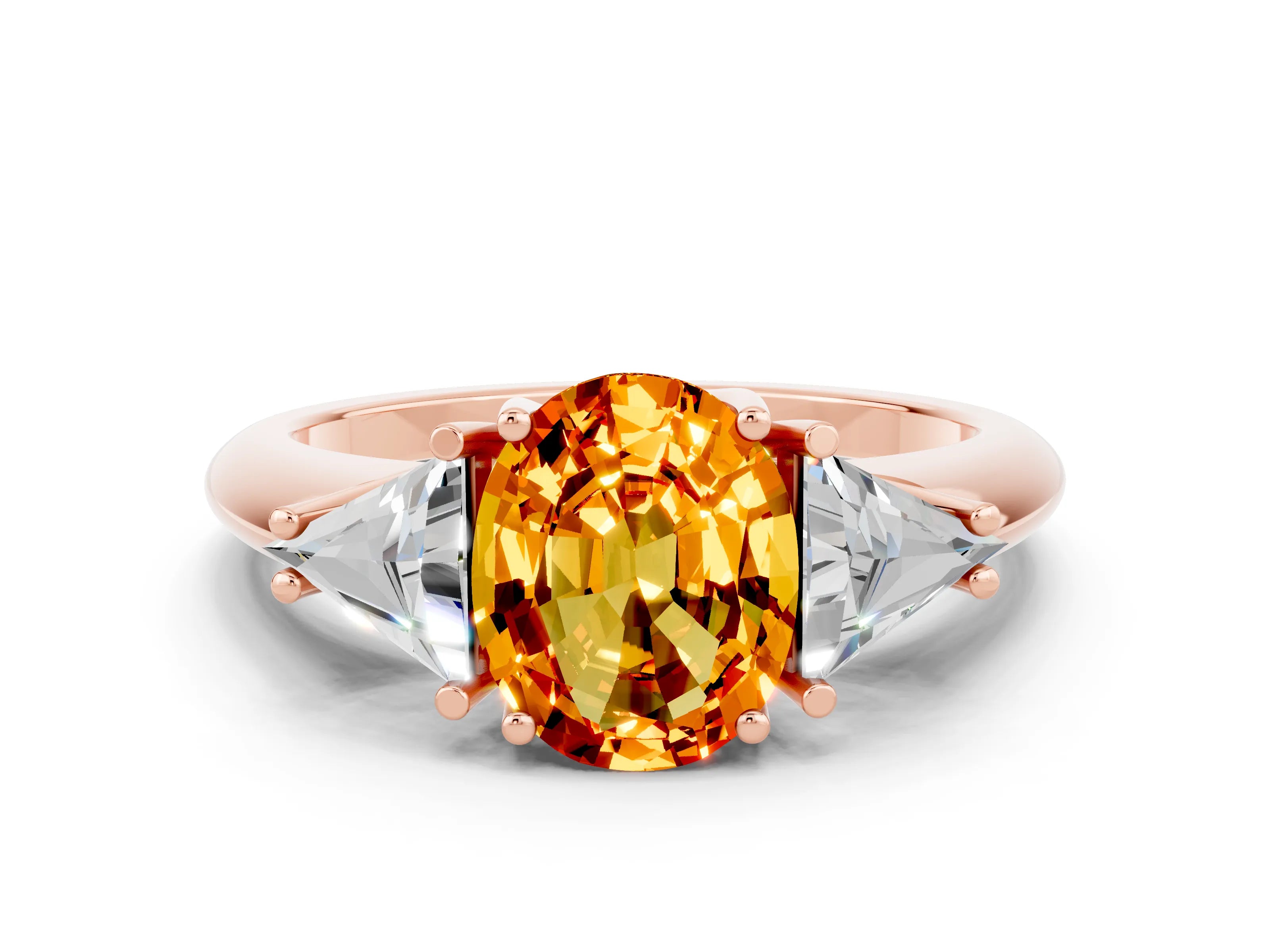 Rose gold Three-Stone Oval Cut Cut Diamond Ring with Trillion Side Stones and Four-Prong Setting