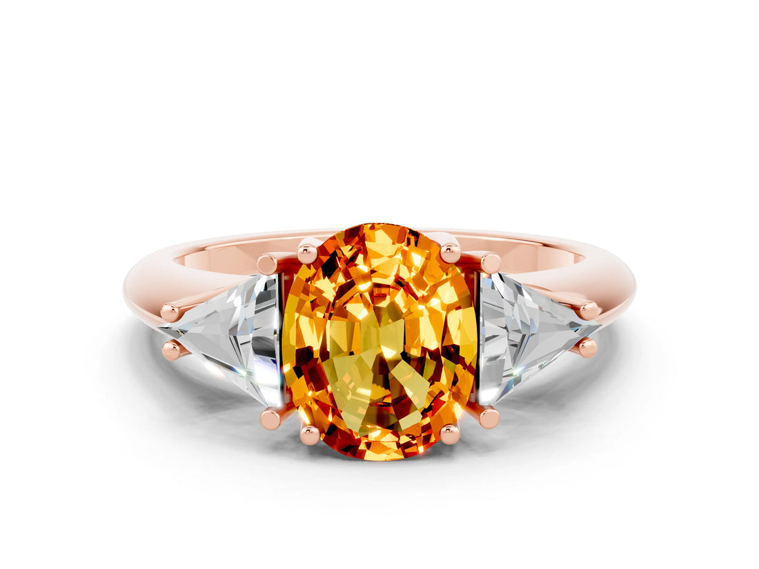 Rose gold Three-Stone Oval Cut Cut Diamond Ring with Trillion Side Stones and Four-Prong Setting