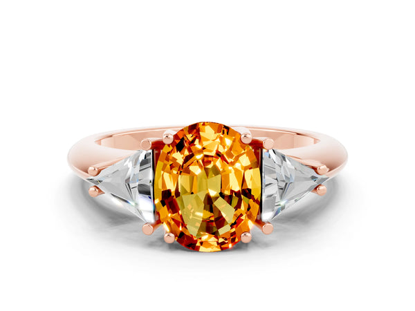 Rose gold Three-Stone Oval Cut Citrine Engagement Ring with Trillion Side Stones and Prong Setting