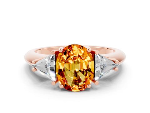 Rose gold Three-Stone Oval Cut Cut Diamond Ring with Trillion Side Stones and Four-Prong Setting