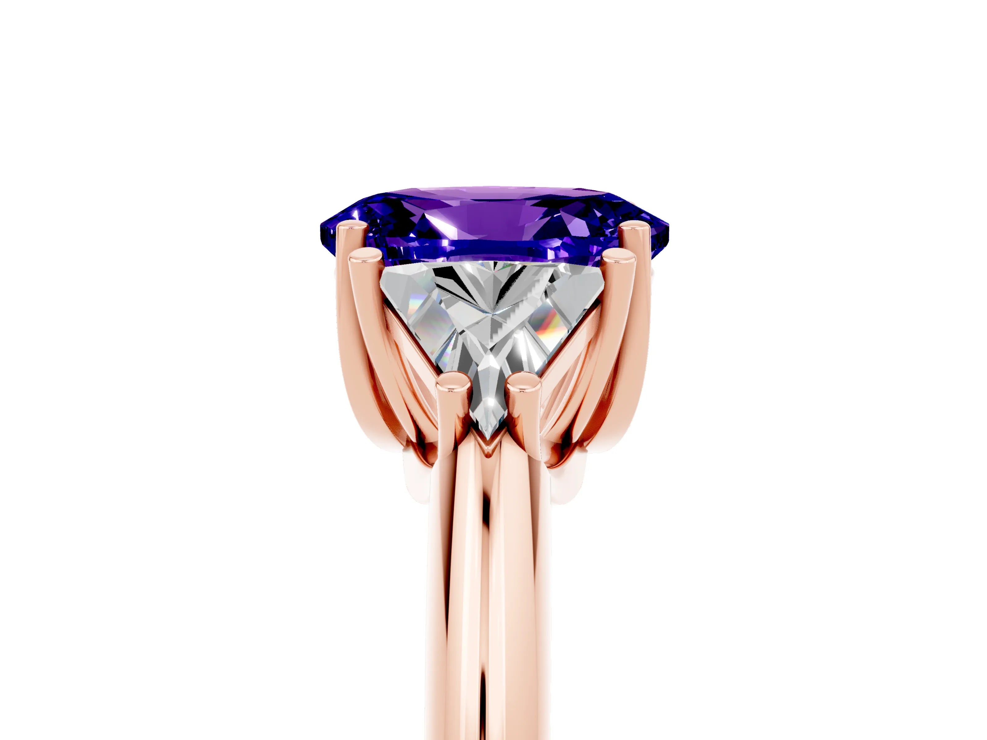 Rose gold Three-Stone Oval Cut Cut Diamond Ring with Trillion Side Stones and Four-Prong Setting_5