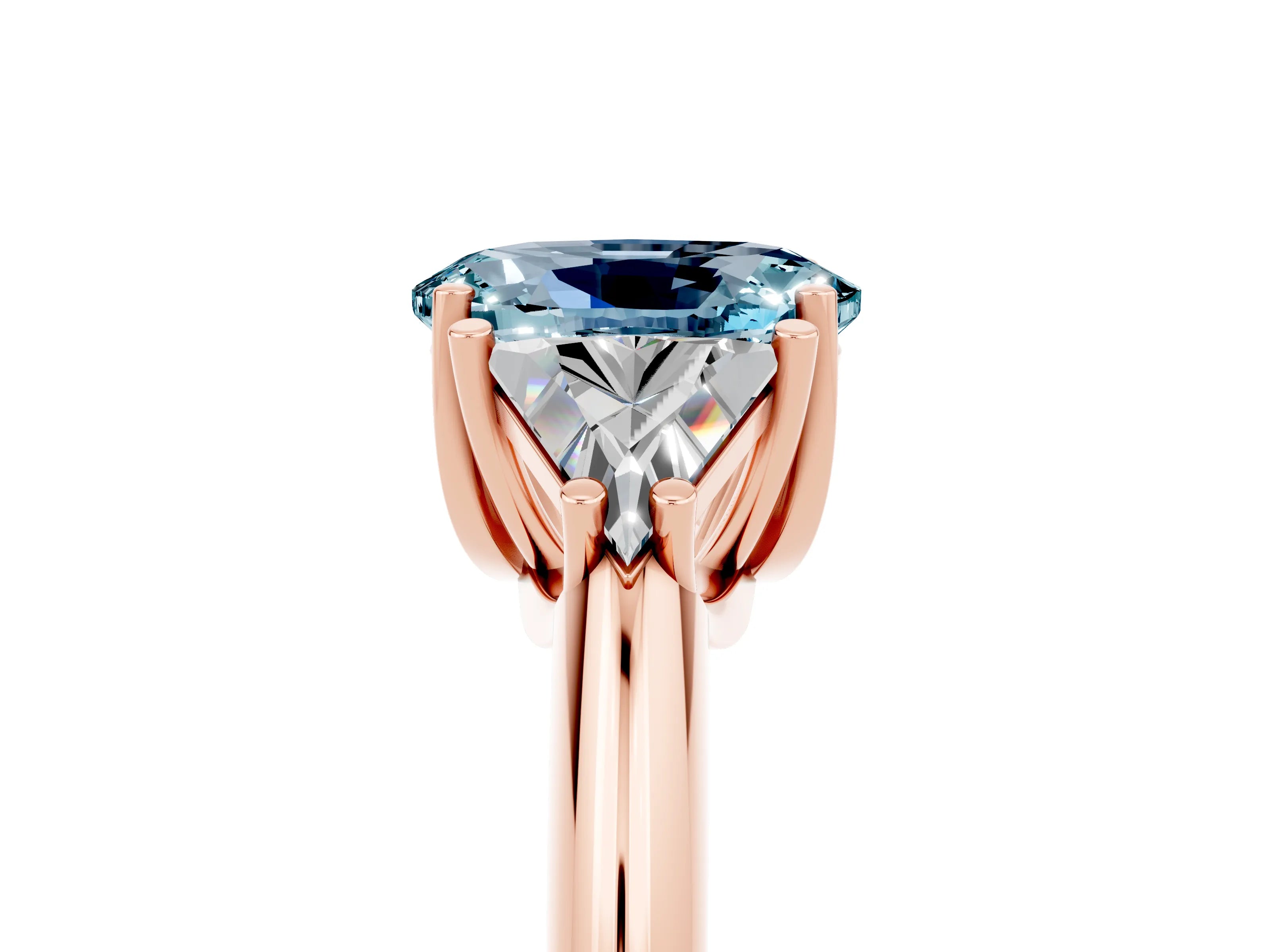 Rose gold Three-Stone Oval Cut Cut Diamond Ring with Trillion Side Stones and Four-Prong Setting_5