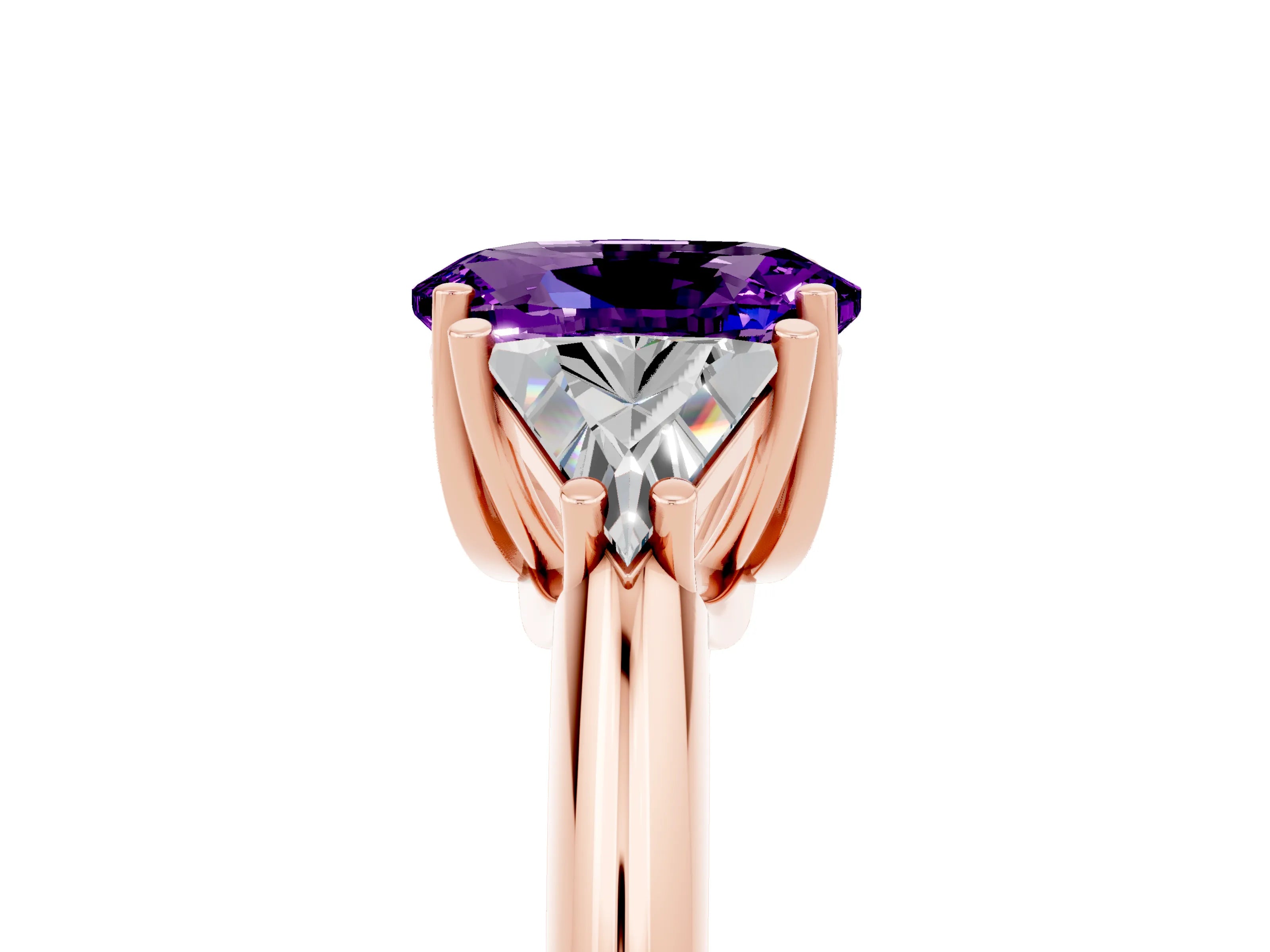 Rose gold Three-Stone Oval Cut Cut Diamond Ring with Trillion Side Stones and Four-Prong Setting_5