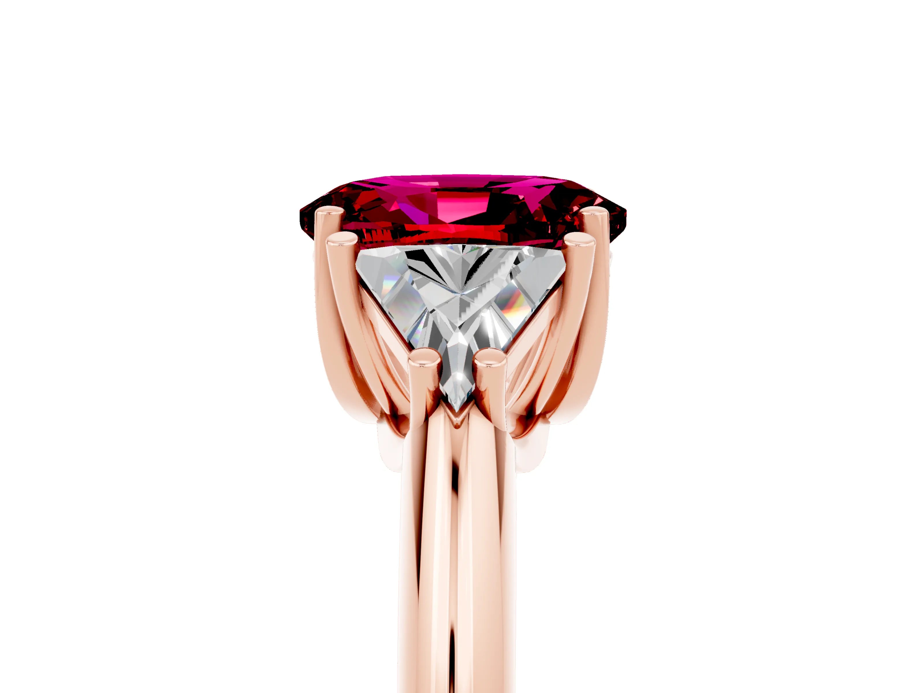 Rose gold Three-Stone Oval Cut Cut Diamond Ring with Trillion Side Stones and Four-Prong Setting_5