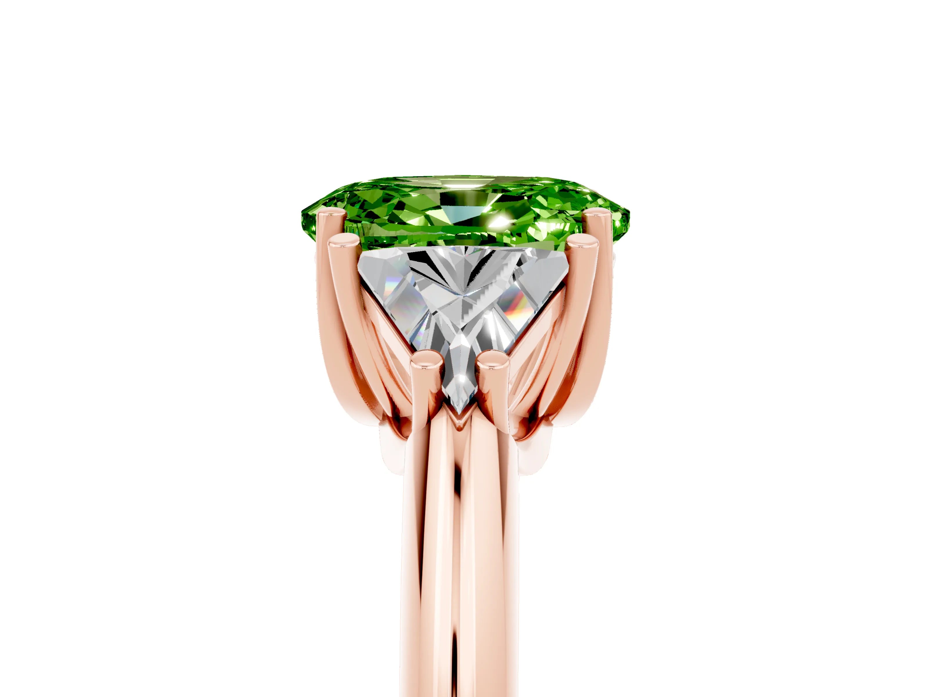 Rose gold Three-Stone Oval Cut Cut Diamond Ring with Trillion Side Stones and Four-Prong Setting_5