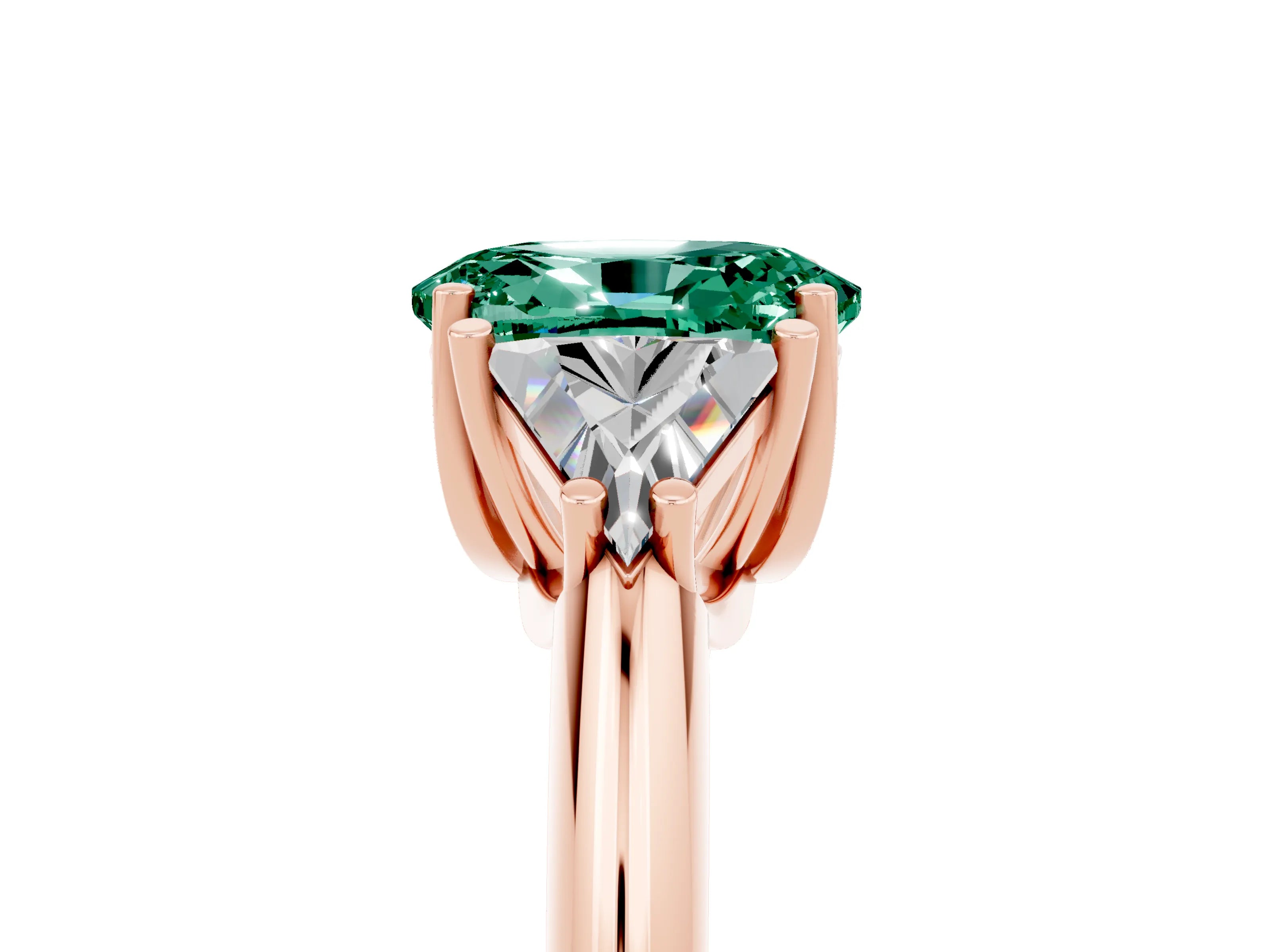 Rose gold Three-Stone Oval Cut Cut Diamond Ring with Trillion Side Stones and Four-Prong Setting_5