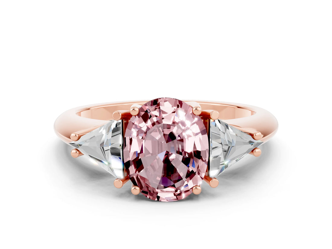 Rose gold Three-Stone Oval Cut Cut Diamond Ring with Trillion Side Stones and Four-Prong Setting