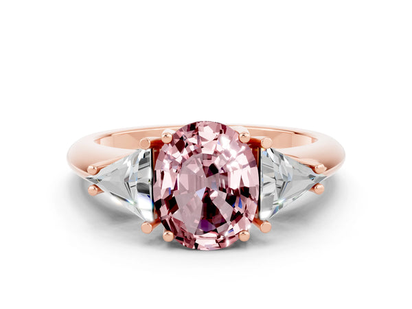 Rose gold Three-Stone Oval Cut Cut Diamond Ring with Trillion Side Stones and Four-Prong Setting