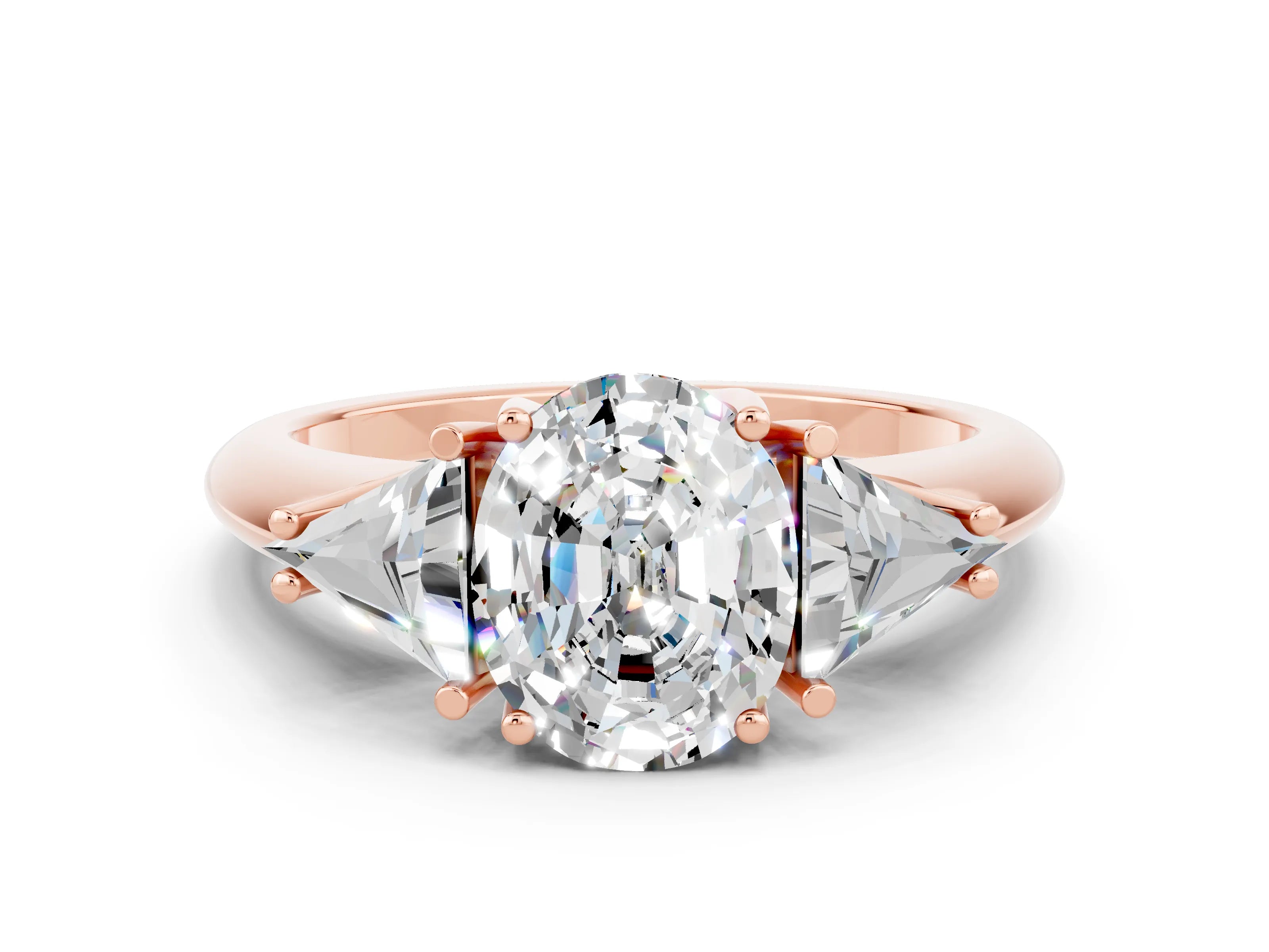 Rose gold Three-Stone Oval Cut Cut Diamond Ring with Trillion Side Stones and Four-Prong Setting