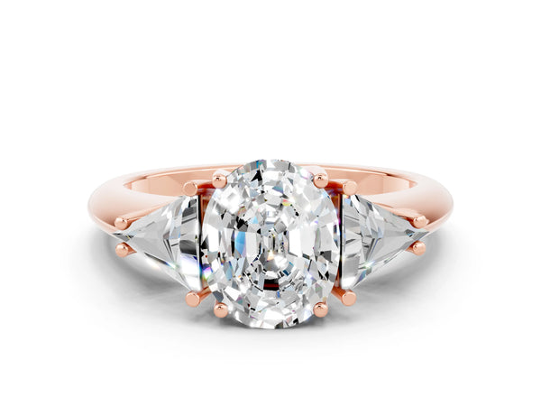 Rose gold Three-Stone Oval Cut Moissanite Engagement Ring with Trillion Side Stones and Prong Setting