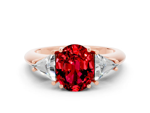 Rose gold Three-Stone Oval Cut Cut Diamond Ring with Trillion Side Stones and Four-Prong Setting