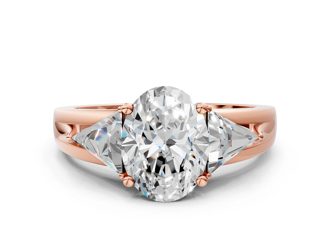 Rose gold Three-Stone Oval Cut Cut Diamond Ring with Trillion Side Stones on a Split Shank Band_13