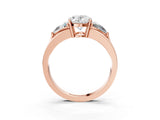 Rose gold Three-Stone Oval Cut Cut Diamond Ring with Trillion Side Stones on a Split Shank Band_16