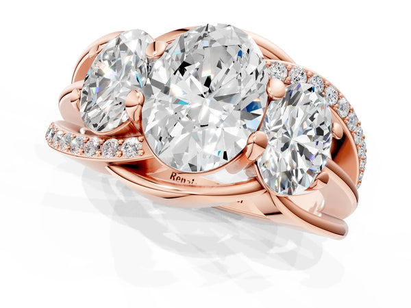 Rose Gold Oval Three Stone Engagement Ring Setting with Matching Sides and Pave Split Shank
