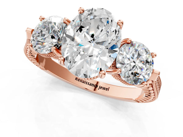 Rose Gold Oval Vintage Three Stone Engagement Ring Setting