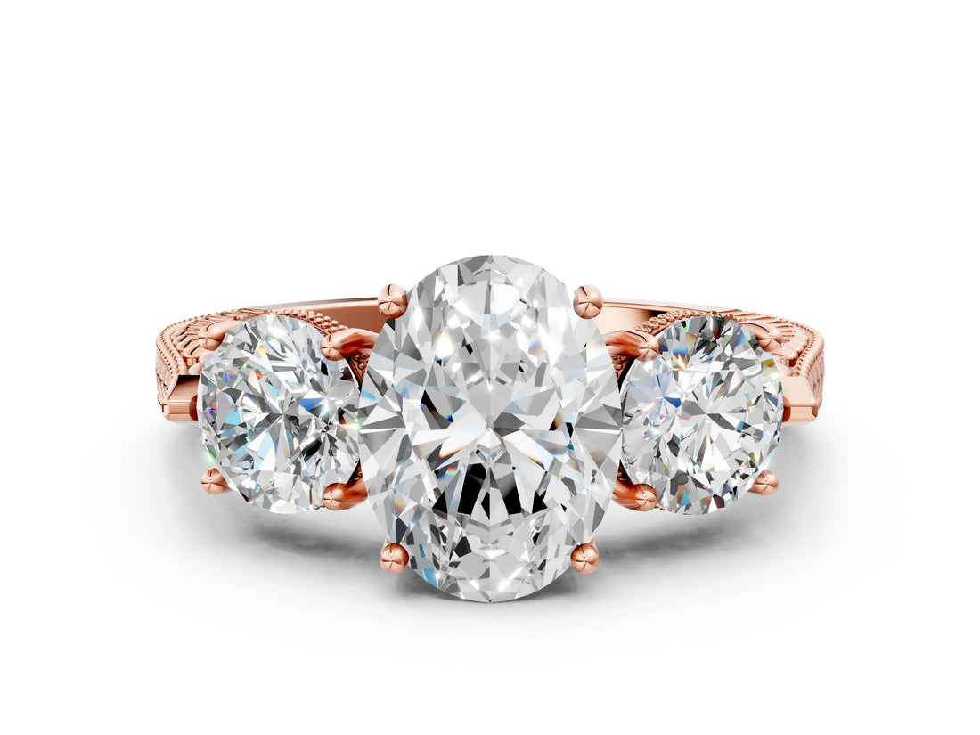 Rose gold Three-Stone Oval Cut Cut Milgrain Band Prong Setting Ring_9