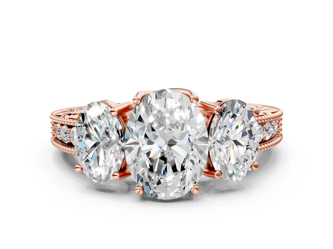 Rose gold Three-Stone Oval Cut Cut Milgrain Pavé Engagement Ring_19