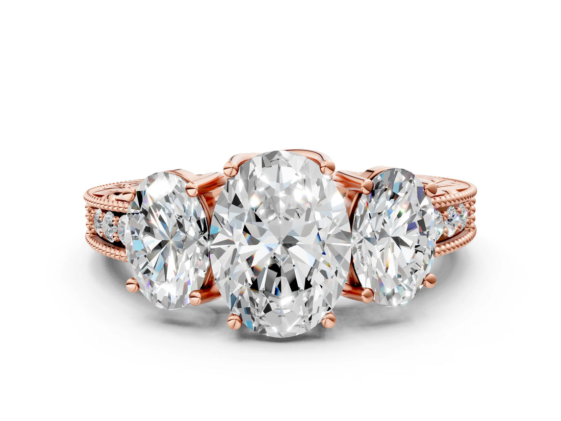 Rose gold Three-Stone Oval Cut Cut Milgrain Pavé Engagement Ring_7