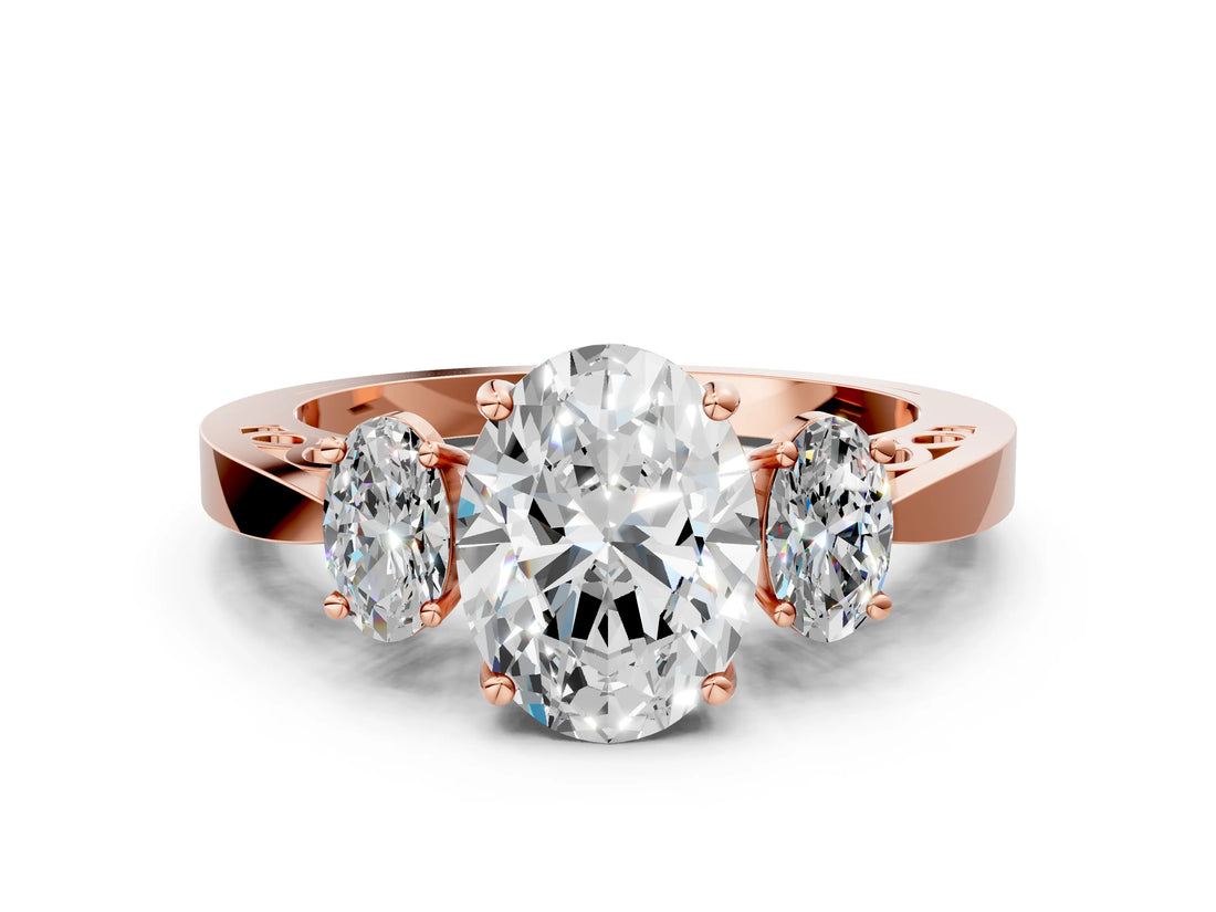 Rose gold Three-Stone Oval Cut Diamond Cathedral Engagement Ring with Prong Setting_6
