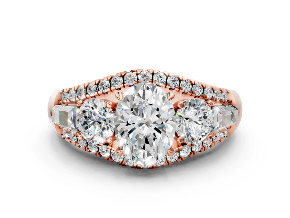 Rose gold Three-Stone Oval Cut Diamond Engagement Ring with Pave Band and Prong Setting_6