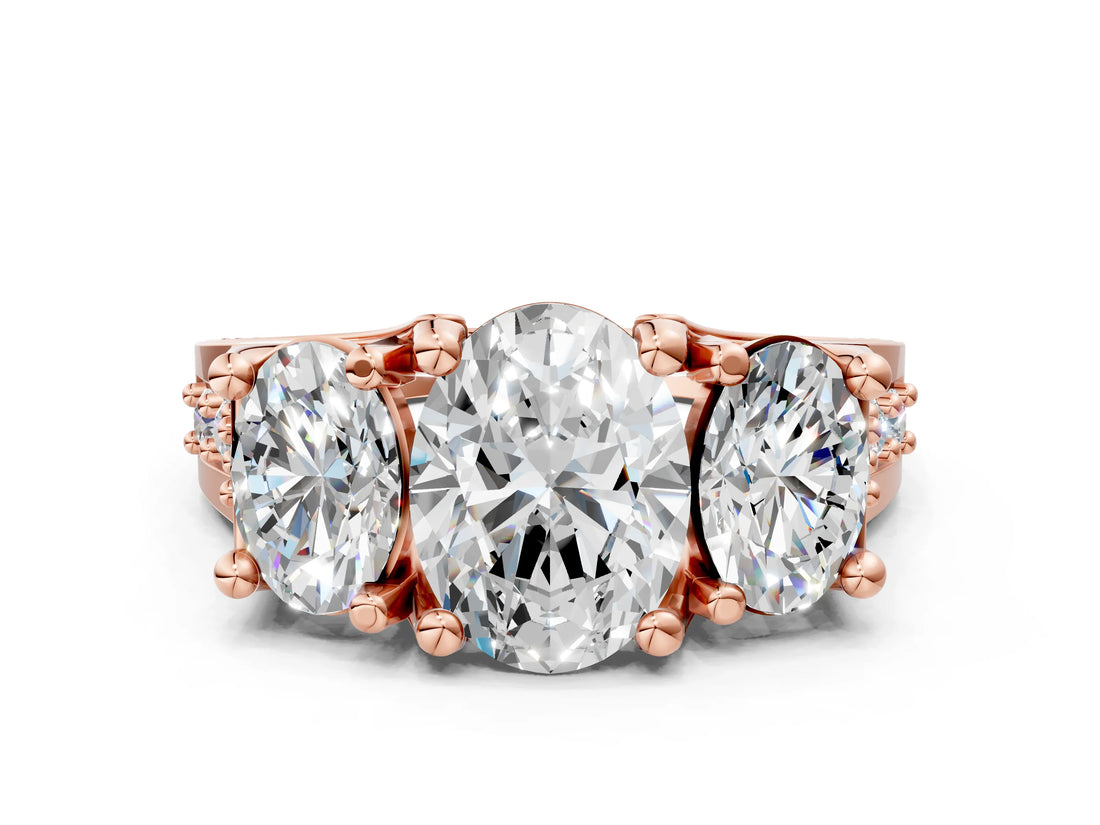 Rose gold Three-Stone Oval Cut Diamond Ring with Channel-Set Band and Four-Prong Setting_52