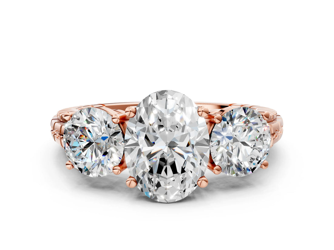 Rose gold Three-Stone Oval Cut Diamond Ring with Channel-Set Band and Prong Setting_6