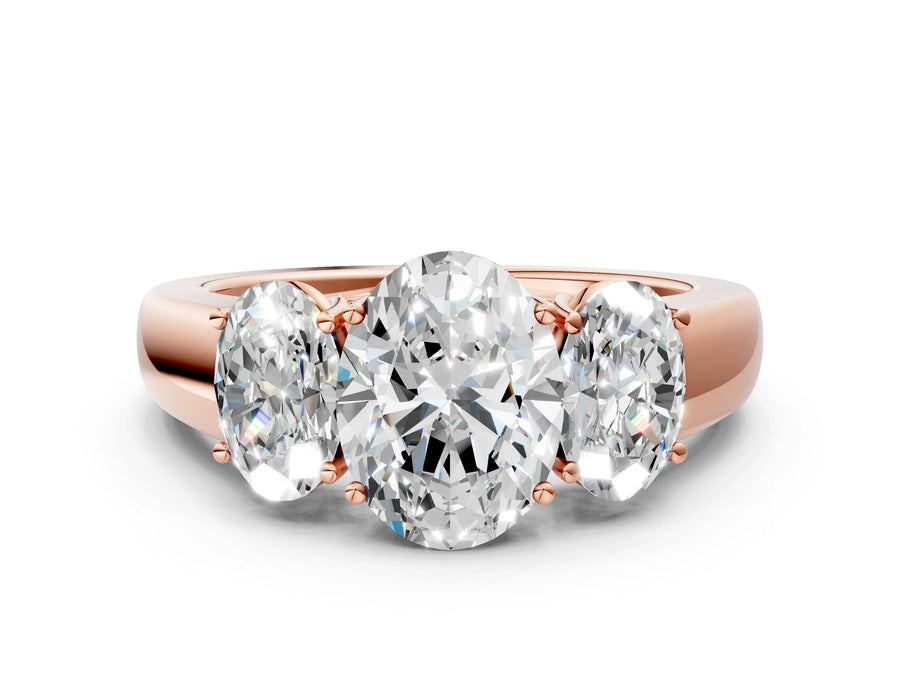 Rose gold Three-Stone Oval Cut Diamond Ring with Prong Setting and Classic Band