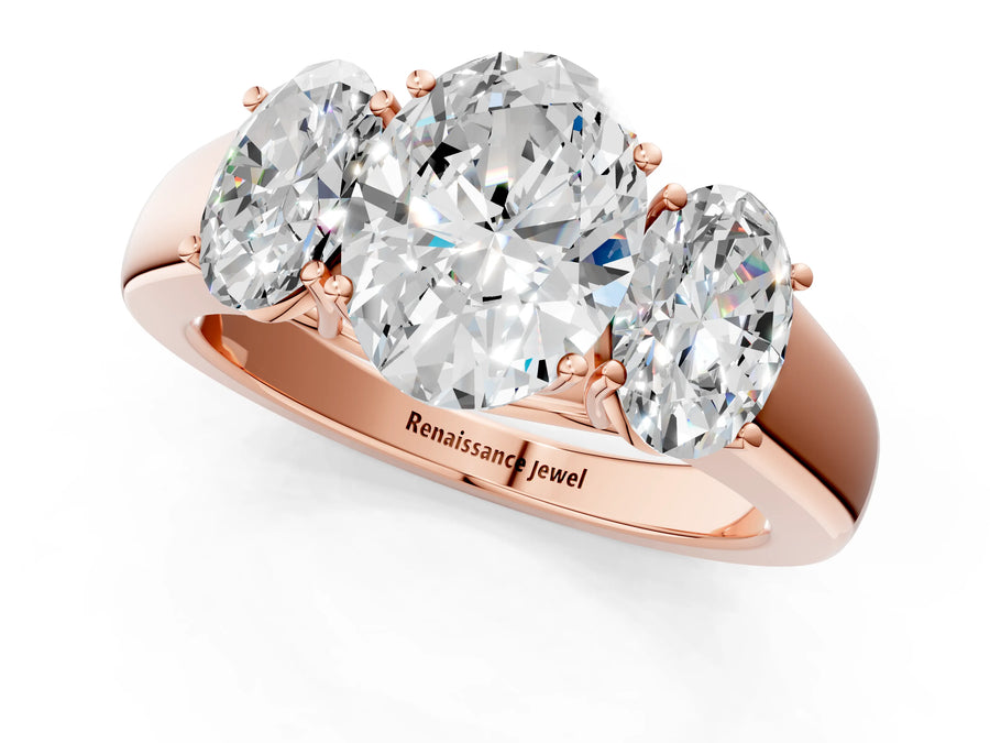 Rose gold Three-Stone Oval Cut Diamond Ring with Prong Setting and Classic Band