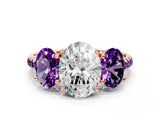 Rose gold Three-Stone Oval Cut Diamond Ring with Round with Amethyst side stone Pavé Band and Prong Setting