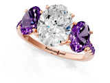 Rose gold Three-Stone Oval Cut Diamond Ring with Round with Amethyst side stone Pavé Band and Prong Setting_1