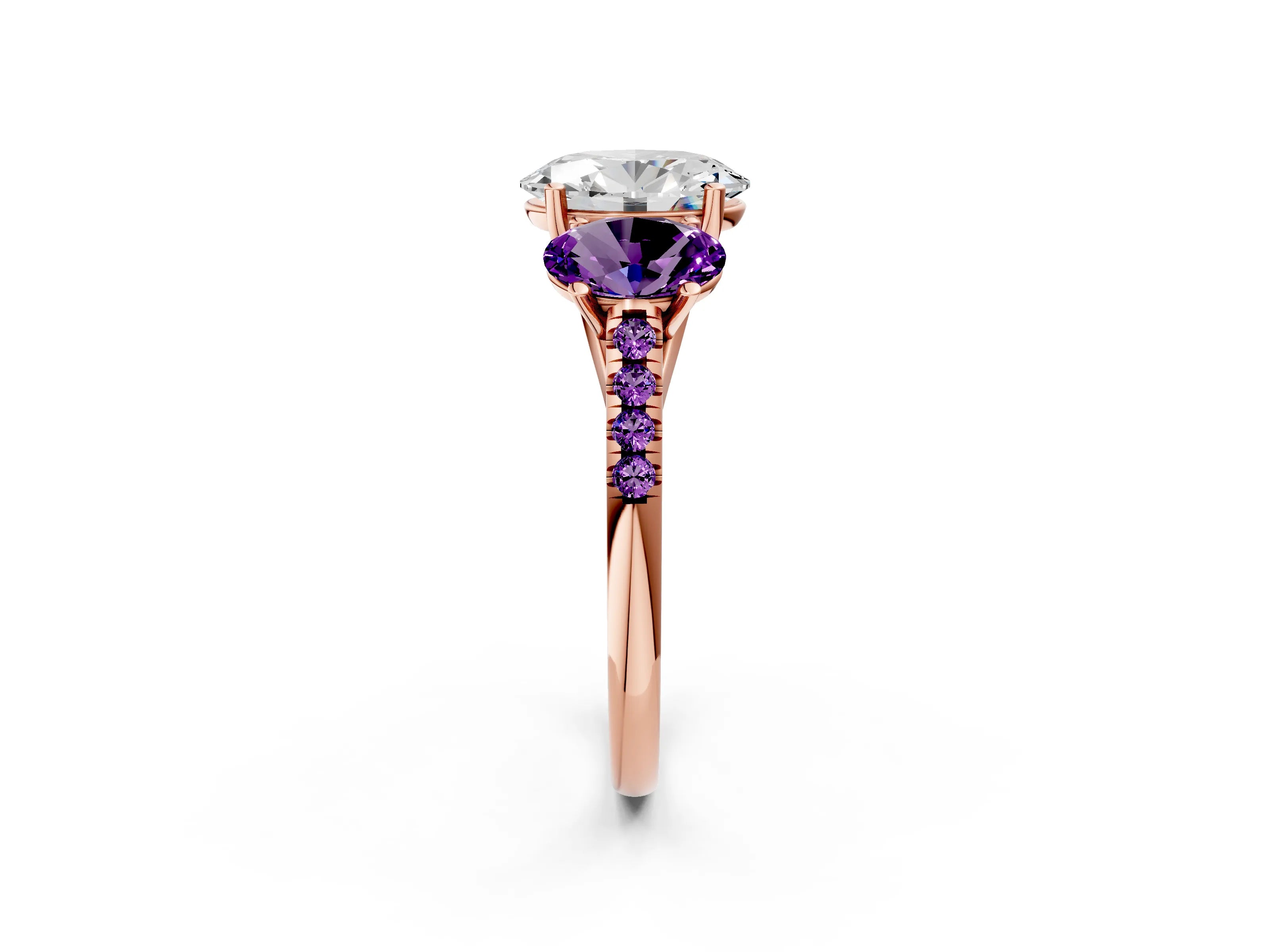 Rose gold Three-Stone Oval Cut Diamond Ring with Round with Amethyst side stone Pavé Band and Prong Setting_2