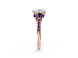 Rose gold Three-Stone Oval Cut Diamond Ring with Round with Amethyst side stone Pavé Band and Prong Setting_2