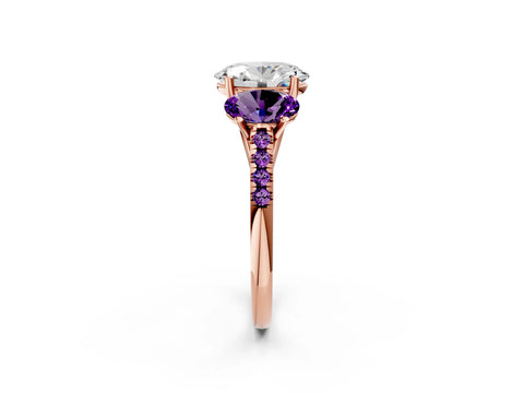 Rose gold Three-Stone Oval Cut Diamond Ring with Round with Amethyst side stone Pavé Band and Prong Setting_2