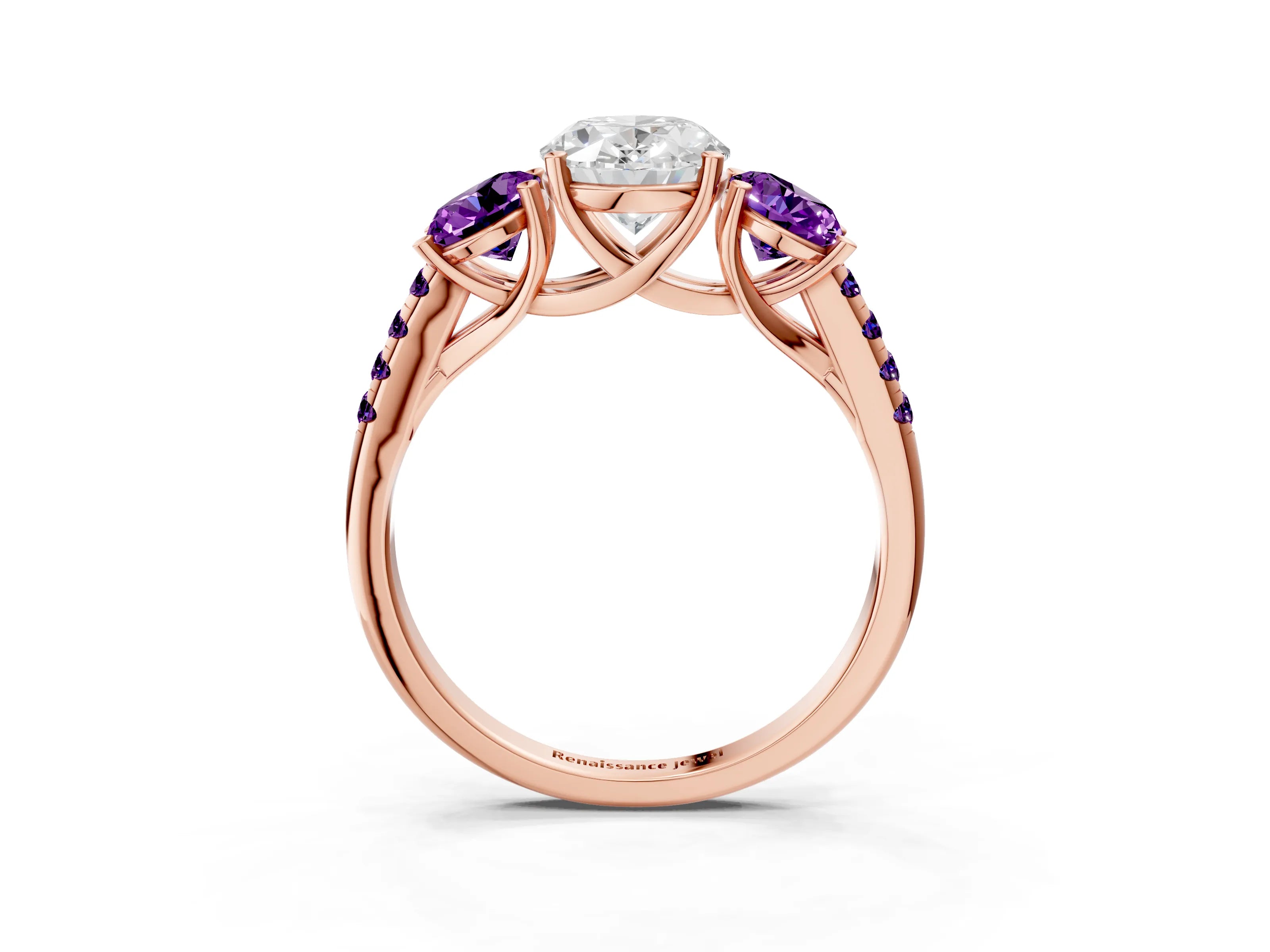 Rose gold Three-Stone Oval Cut Diamond Ring with Round with Amethyst side stone Pavé Band and Prong Setting_3