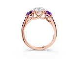 Rose gold Three-Stone Oval Cut Diamond Ring with Round with Amethyst side stone Pavé Band and Prong Setting_3