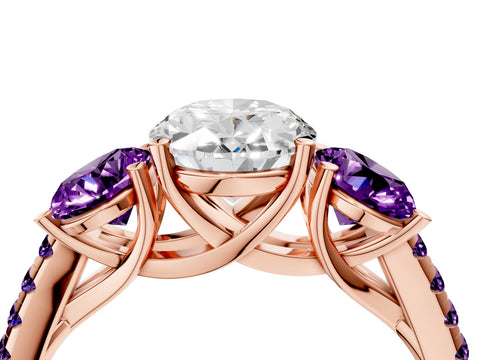 Rose gold Three-Stone Oval Cut Diamond Ring with Round with Amethyst side stone Pavé Band and Prong Setting_4