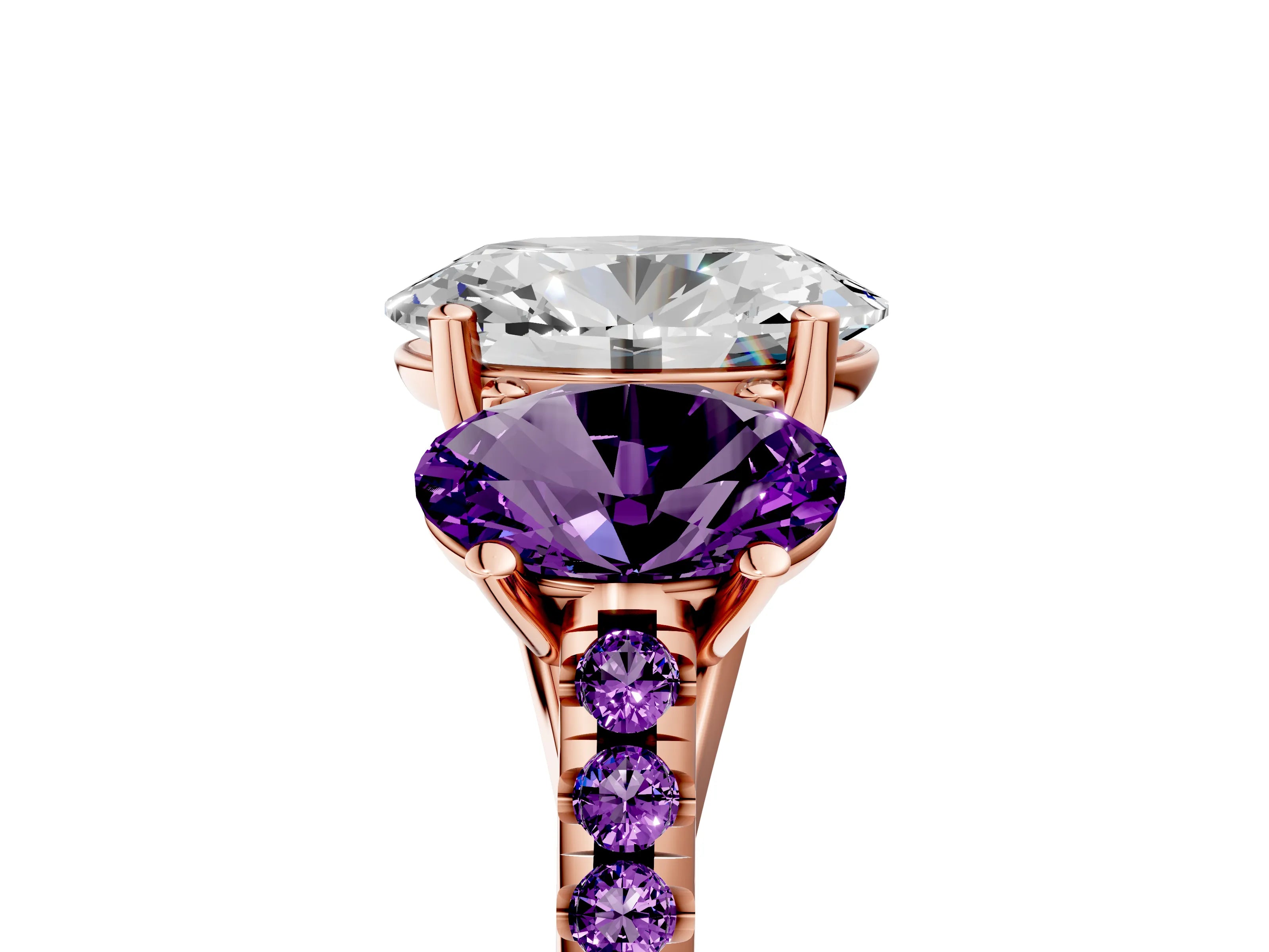 Rose gold Three-Stone Oval Cut Diamond Ring with Round with Amethyst side stone Pavé Band and Prong Setting_5