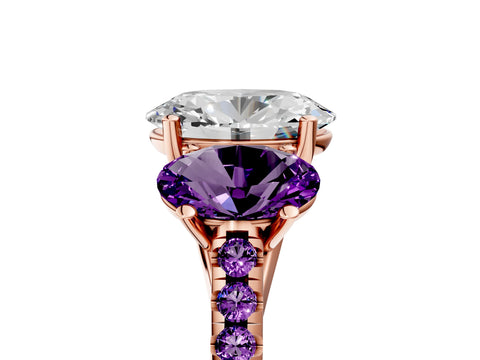 Rose gold Three-Stone Oval Cut Diamond Ring with Round with Amethyst side stone Pavé Band and Prong Setting_5