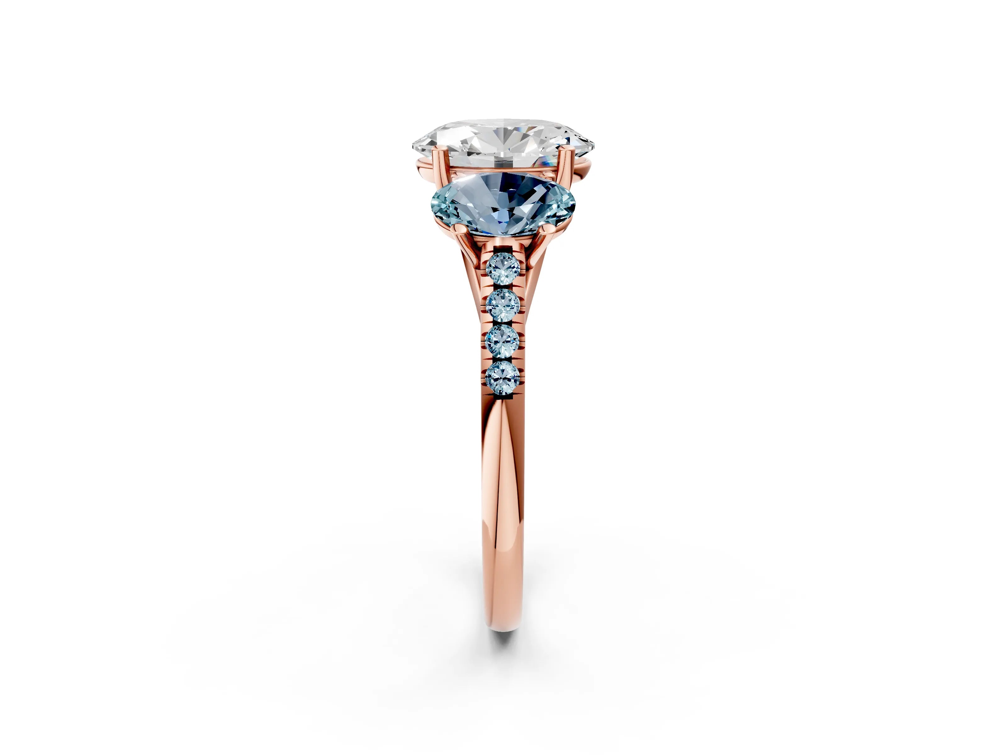Rose gold Three-Stone Oval Cut Diamond Ring with Round with Aquamarine side stone Pavé Band and Prong Setting_2