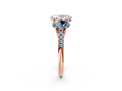 Rose gold Three-Stone Oval Cut Diamond Ring with Round with Aquamarine side stone Pavé Band and Prong Setting_2