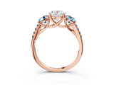 Rose gold Three-Stone Oval Cut Diamond Ring with Round with Aquamarine side stone Pavé Band and Prong Setting_3