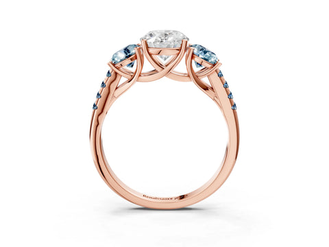 Rose gold Three-Stone Oval Cut Diamond Ring with Round with Aquamarine side stone Pavé Band and Prong Setting_3