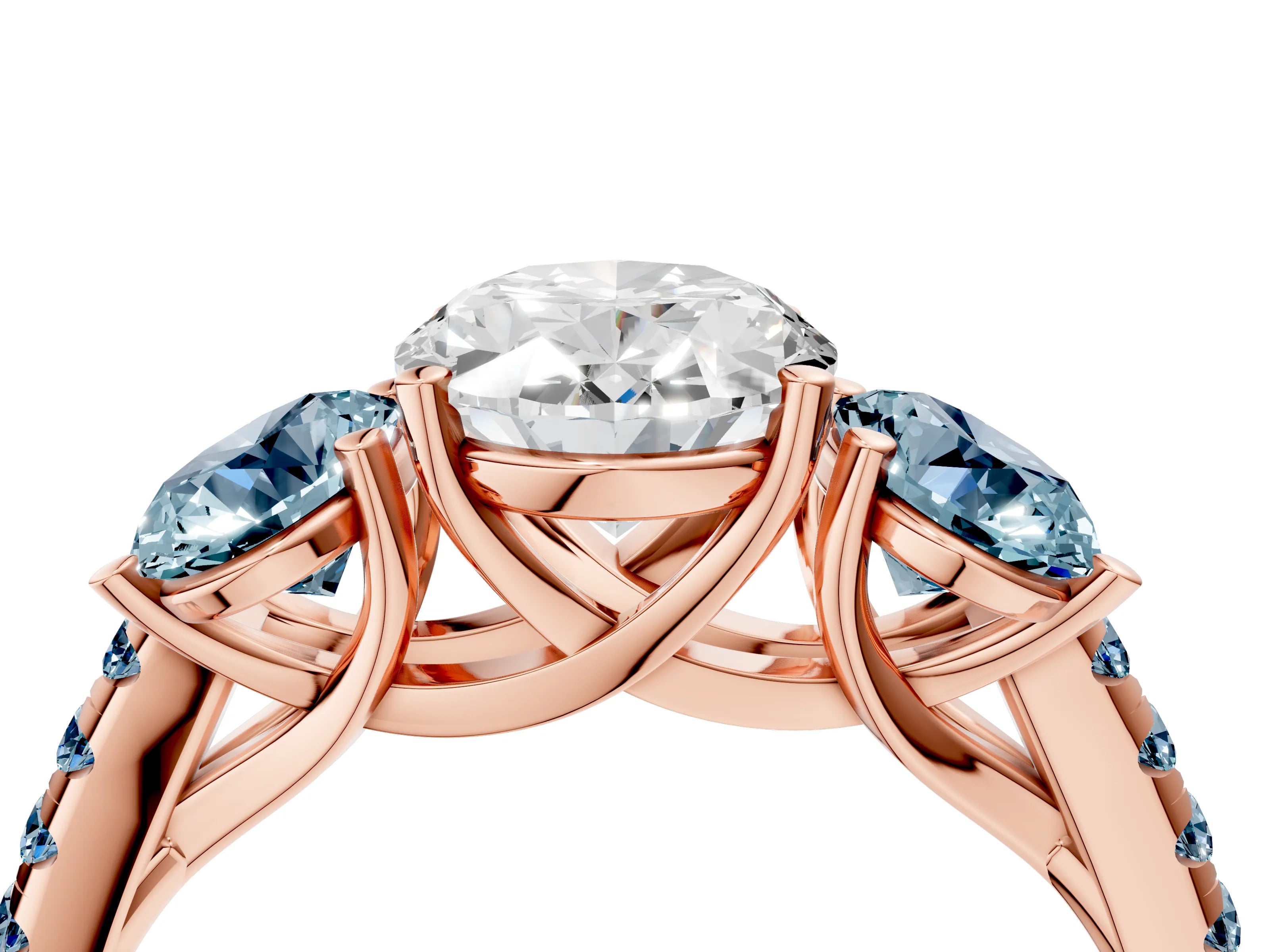 Rose gold Three-Stone Oval Cut Diamond Ring with Round with Aquamarine side stone Pavé Band and Prong Setting_4